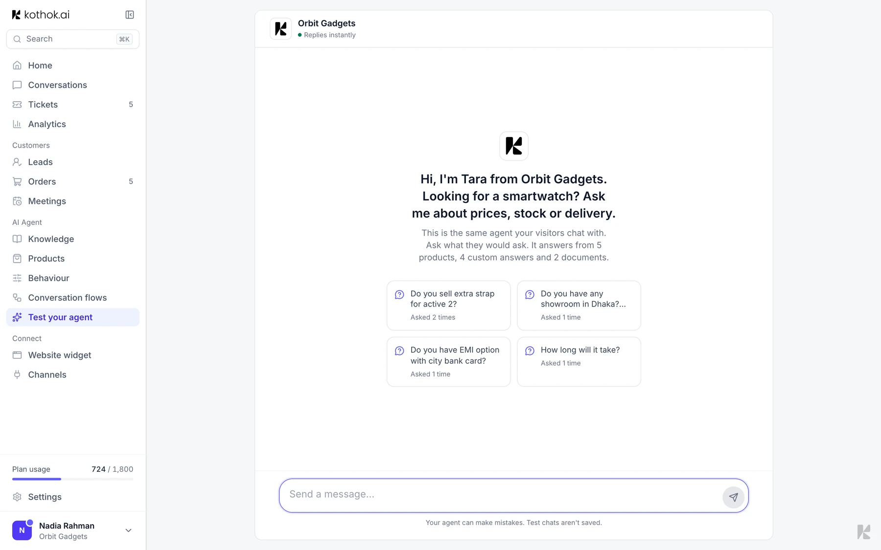 Test your agent with suggested visitor questions