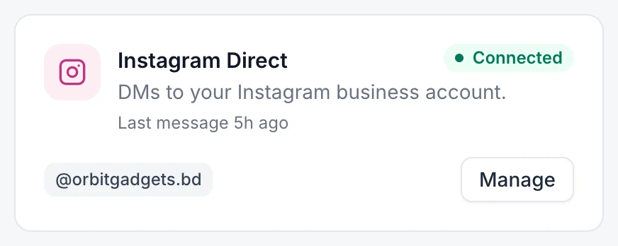 The Instagram Direct card showing Connected and the account handle