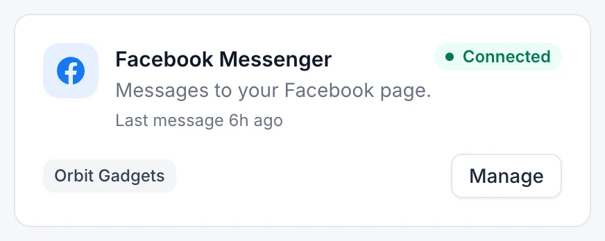 The Facebook Messenger card showing Connected and the page name