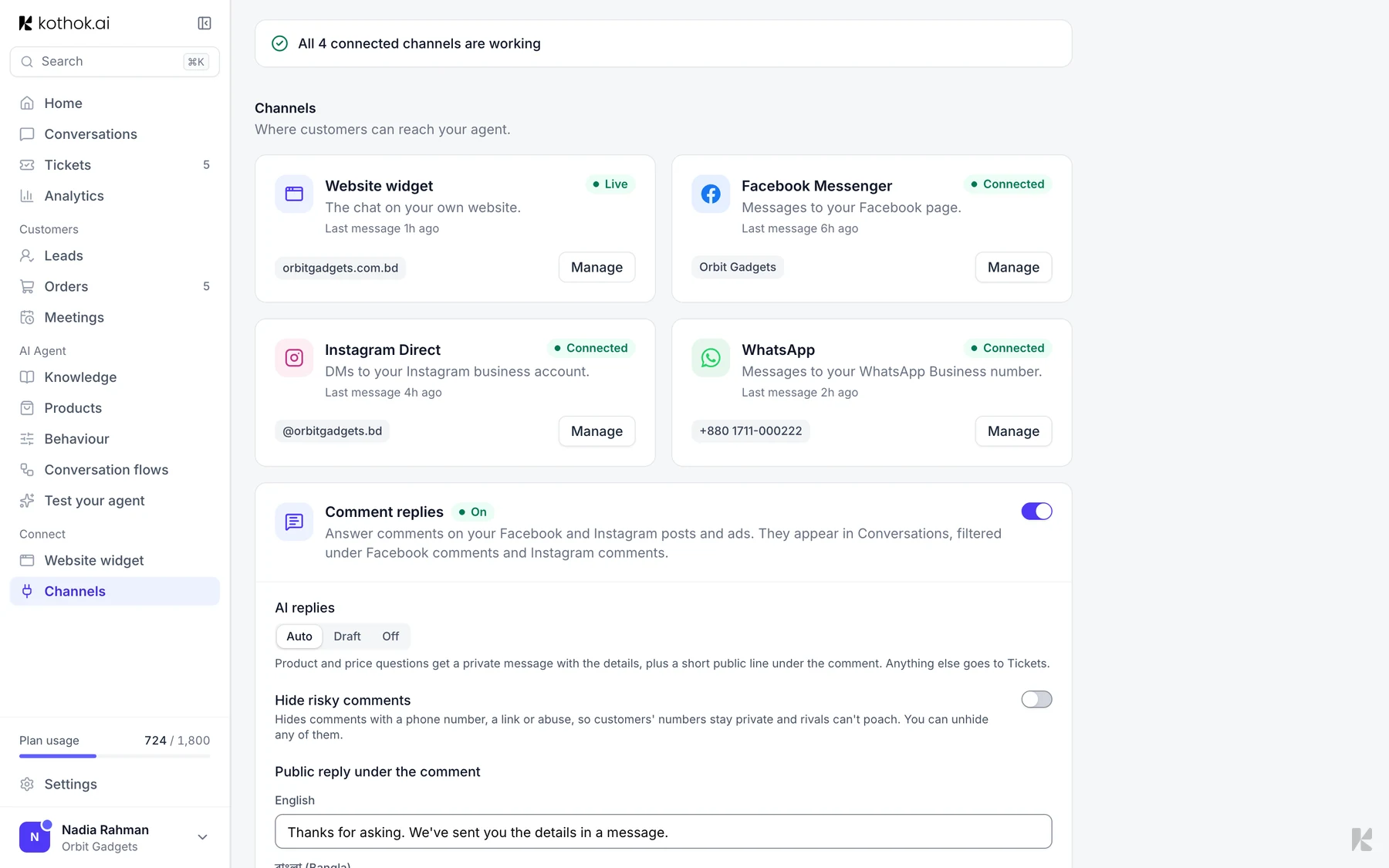 The Channels page with the website widget, Messenger, Instagram and WhatsApp connected