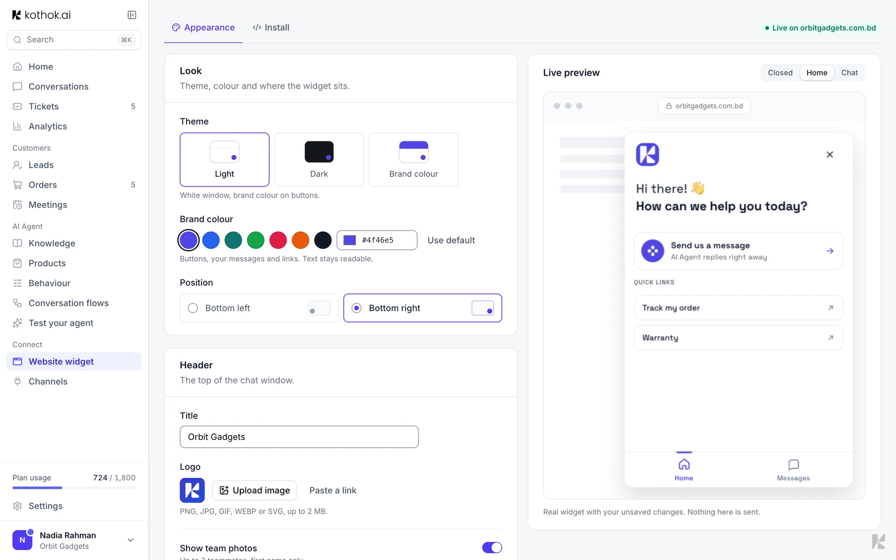 The Appearance tab with theme, brand colour, position and a live preview