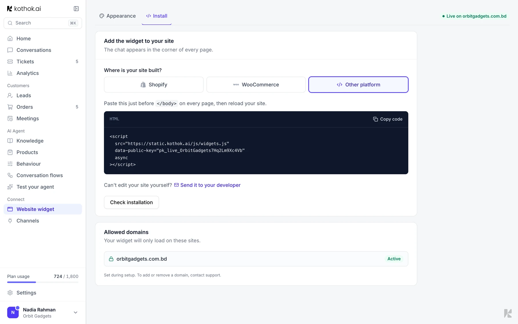 The Install tab with the platform picker, the code to copy and allowed domains