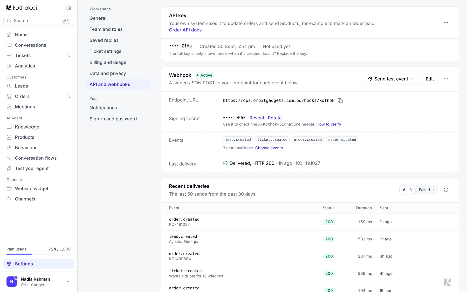 Settings, API and webhooks, with an API key, an active webhook and recent deliveries